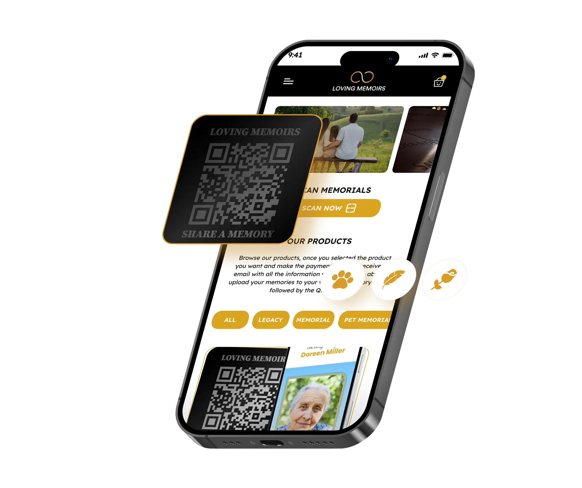 An online memorial page shown on a phone beside its engraved QR plaque