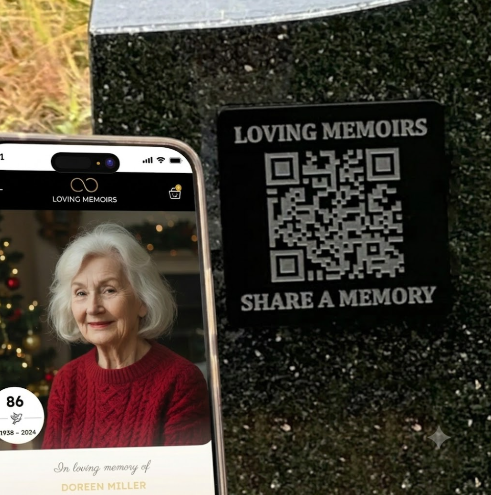 An engraved acrylic QR plaque fixed to a headstone, linking to Doreen's memorial page