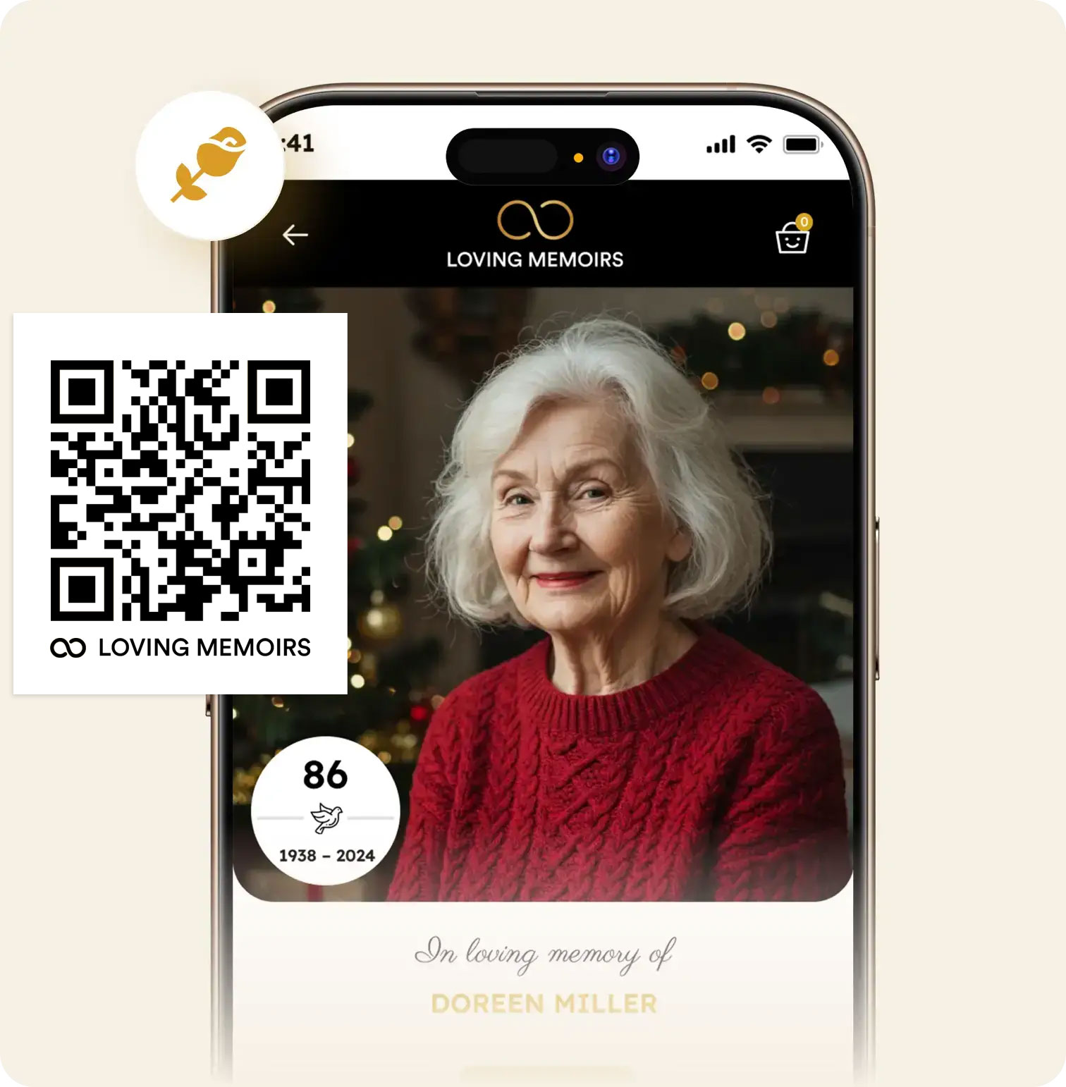 A finished online memorial page beside the engraved QR plaque that opens it