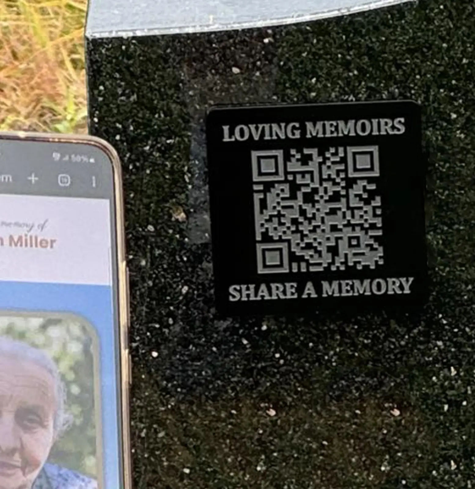 An engraved acrylic QR plaque that links to a pet's tribute page